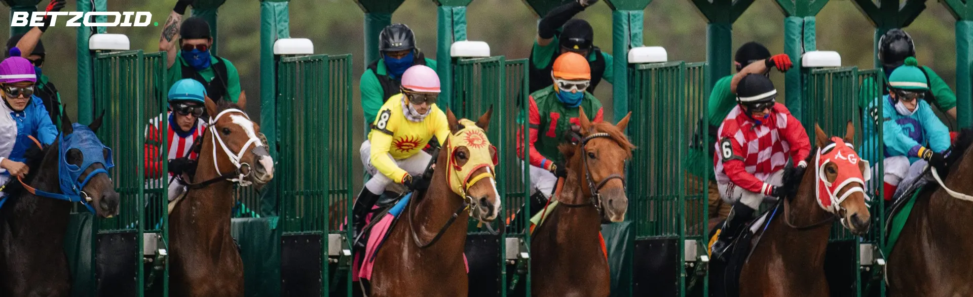 Jockeys on horses at the start of races.