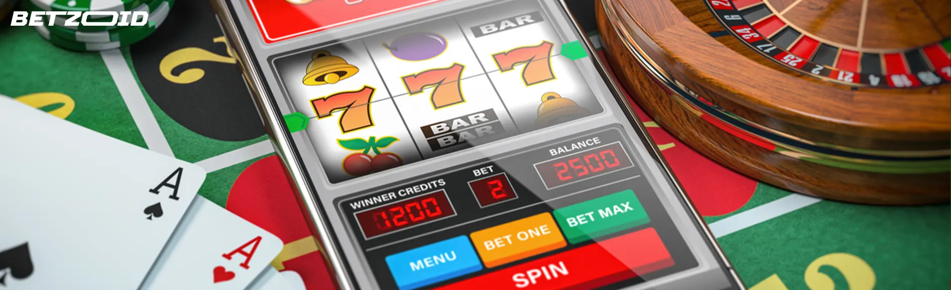 Online slots on smartphone next to virtual roulette and cards.