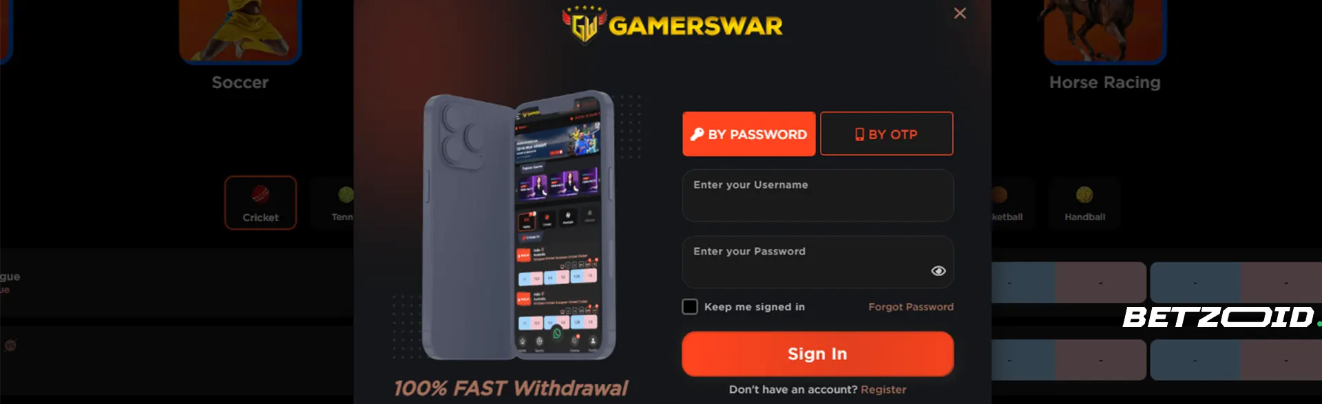 Gamerswar login page, sign in with password.