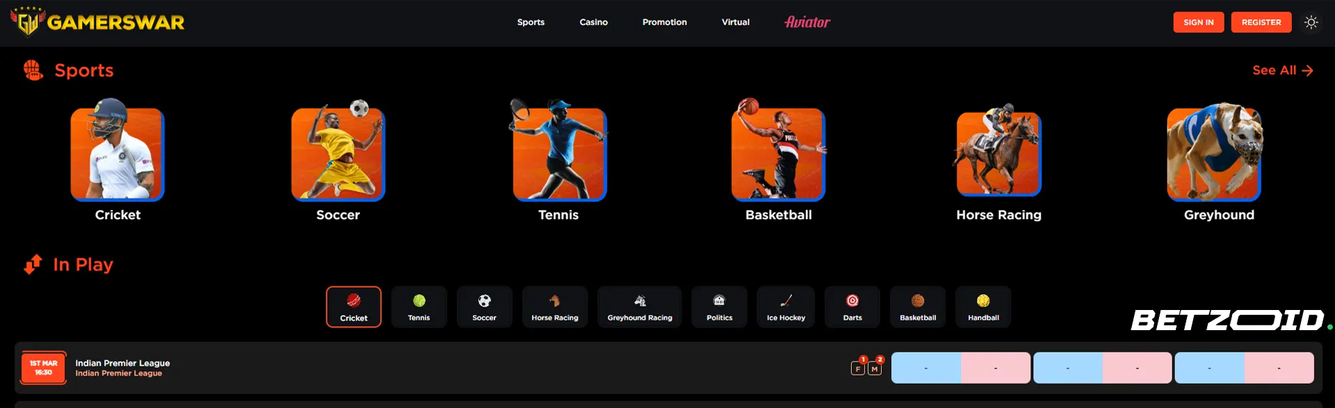 Sports betting options on Gamerswar platform.