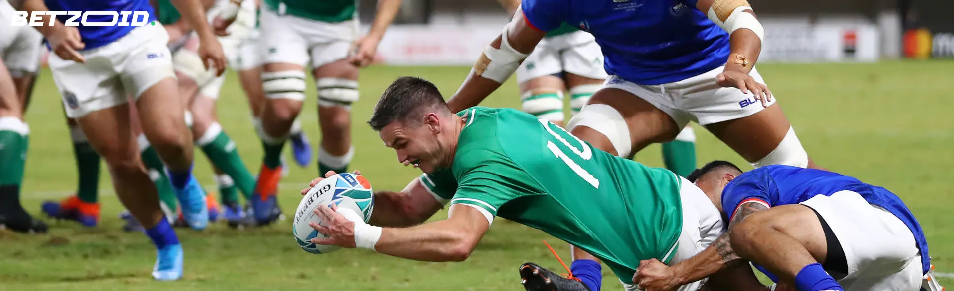 Rugby players in action during a match.