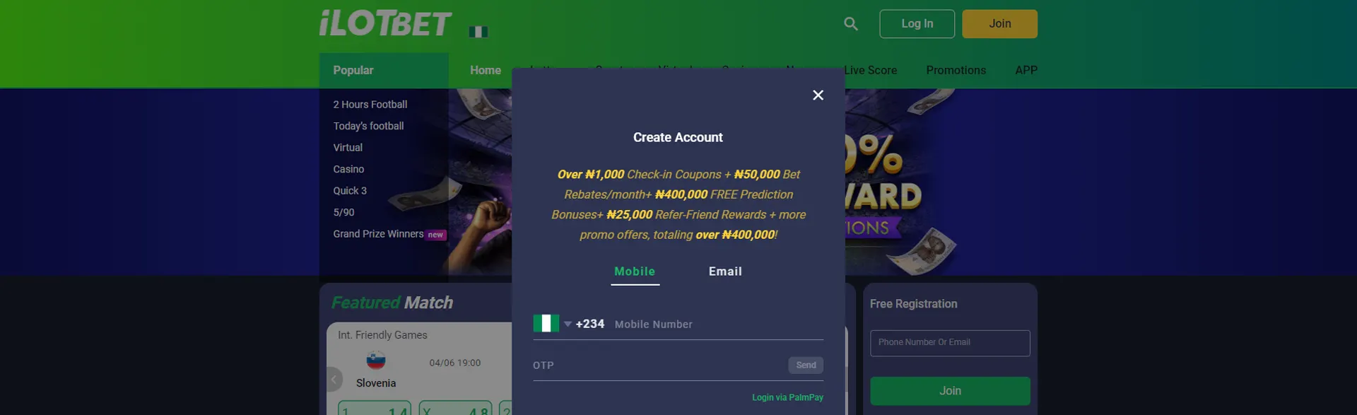 Page with registration form on iLotbet.