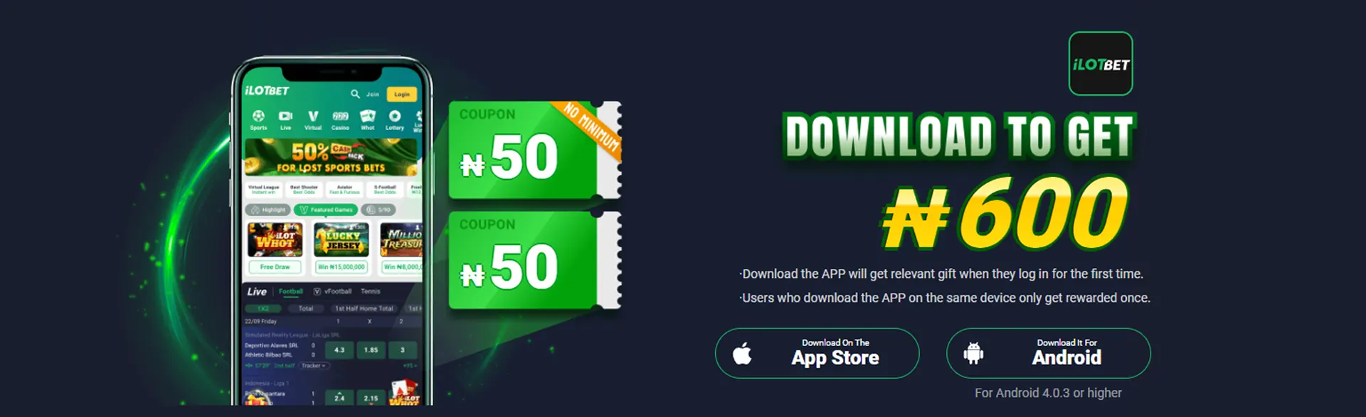 Page with downloads Android and iOS app on iLotbet.