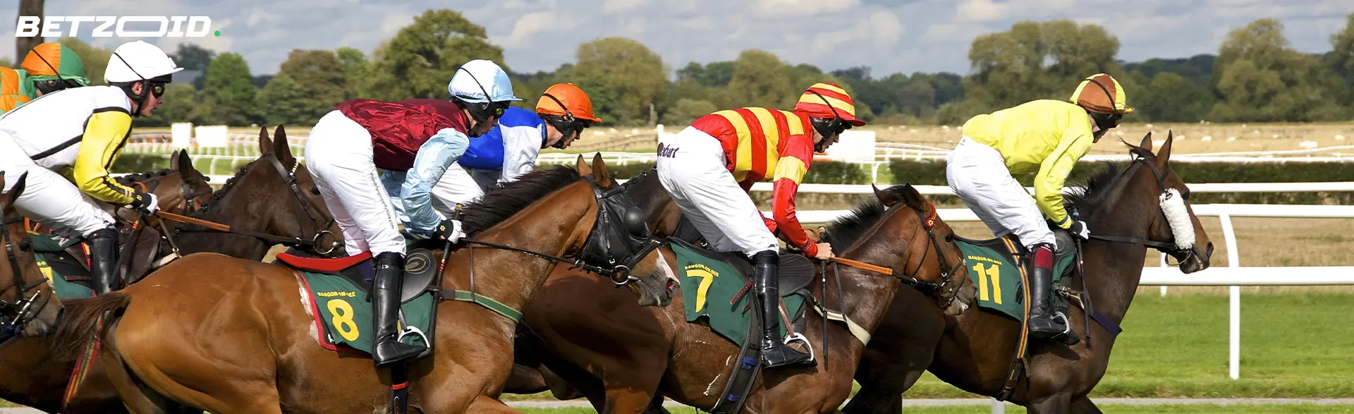 Jockeys on horses during horse races.