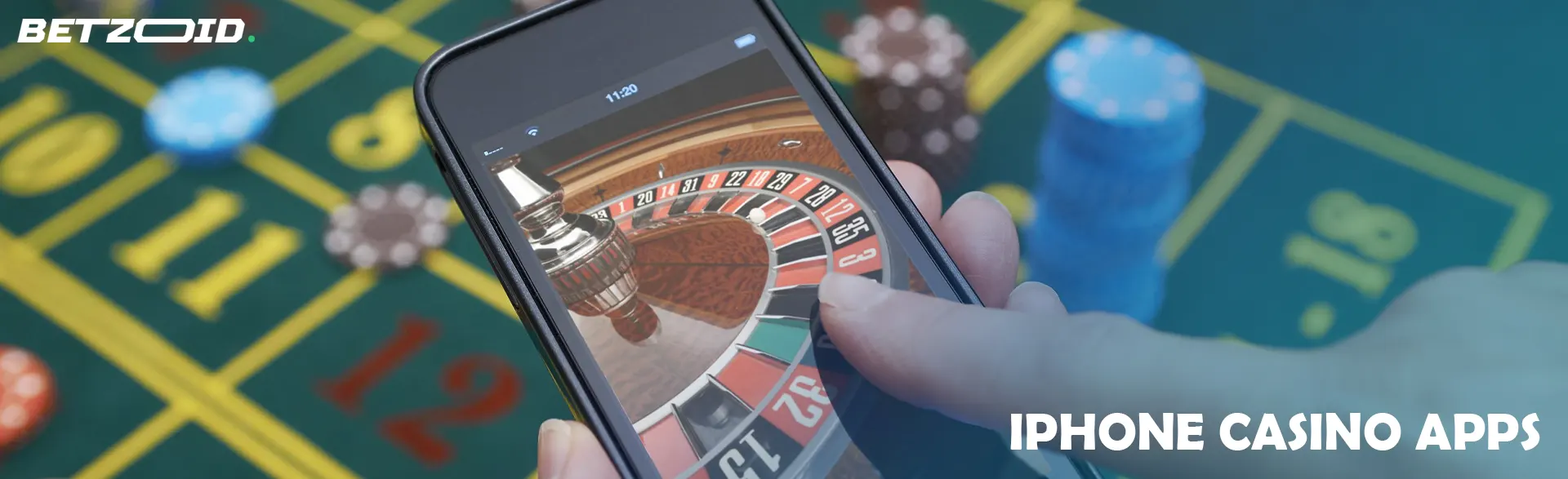 iPhone mit Online-Roulette auf dem Hintergrund des Casino-Tisches.