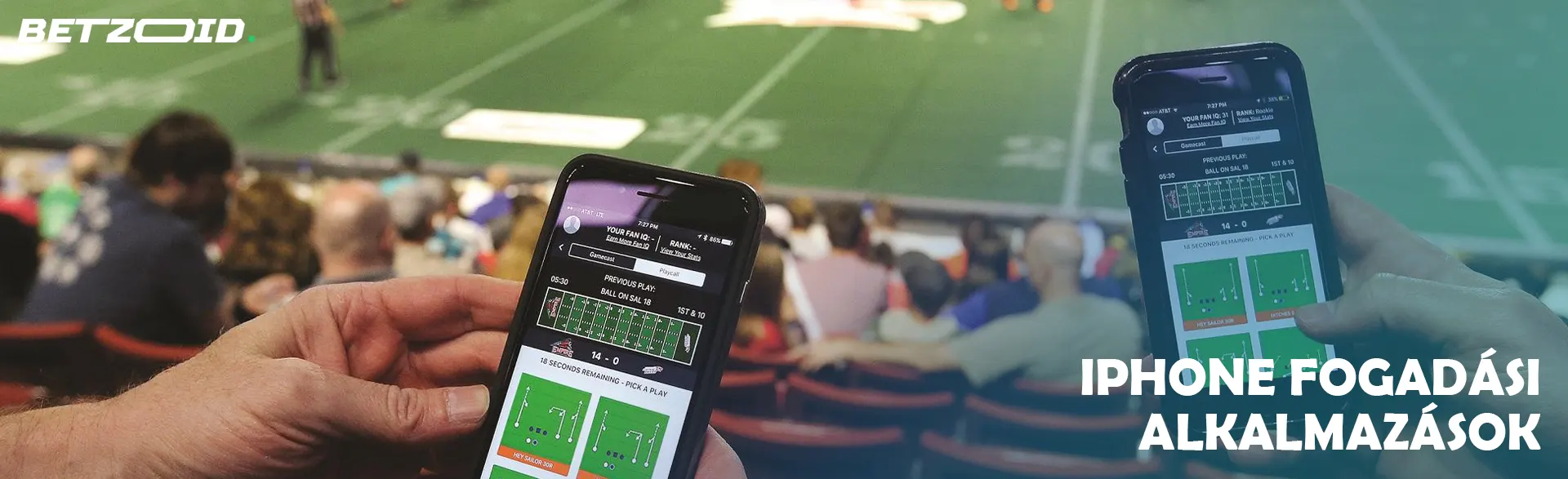 Az emberek iPhone-okat tartanak, a kezükben a meccs hátterére fogadásokat tesznek.
