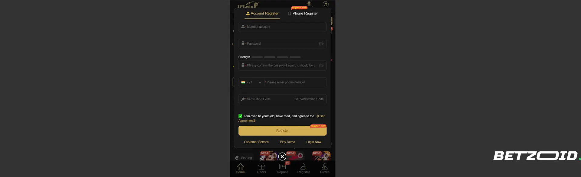 Registration page for new users on IPLwin platform.