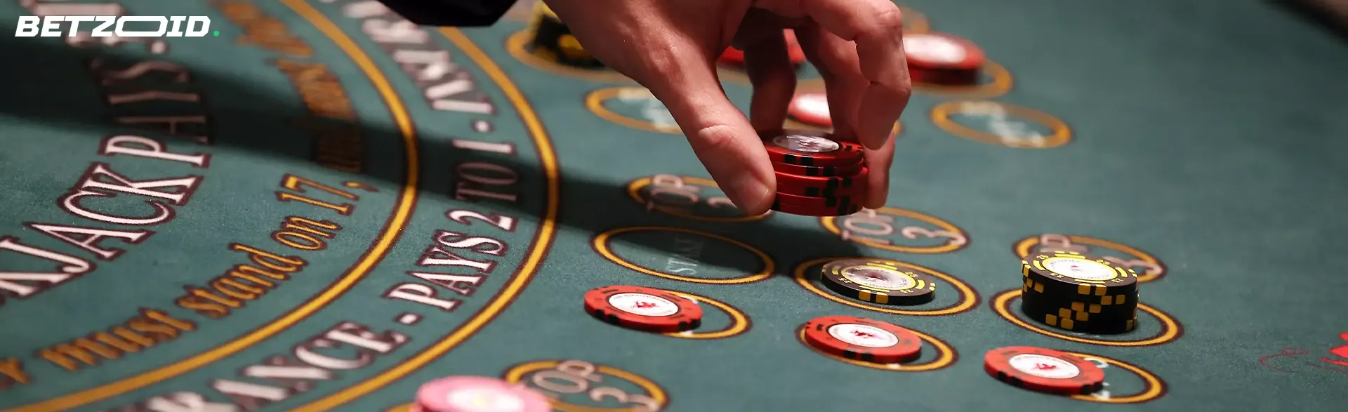 The player places chips on the table of the casino.