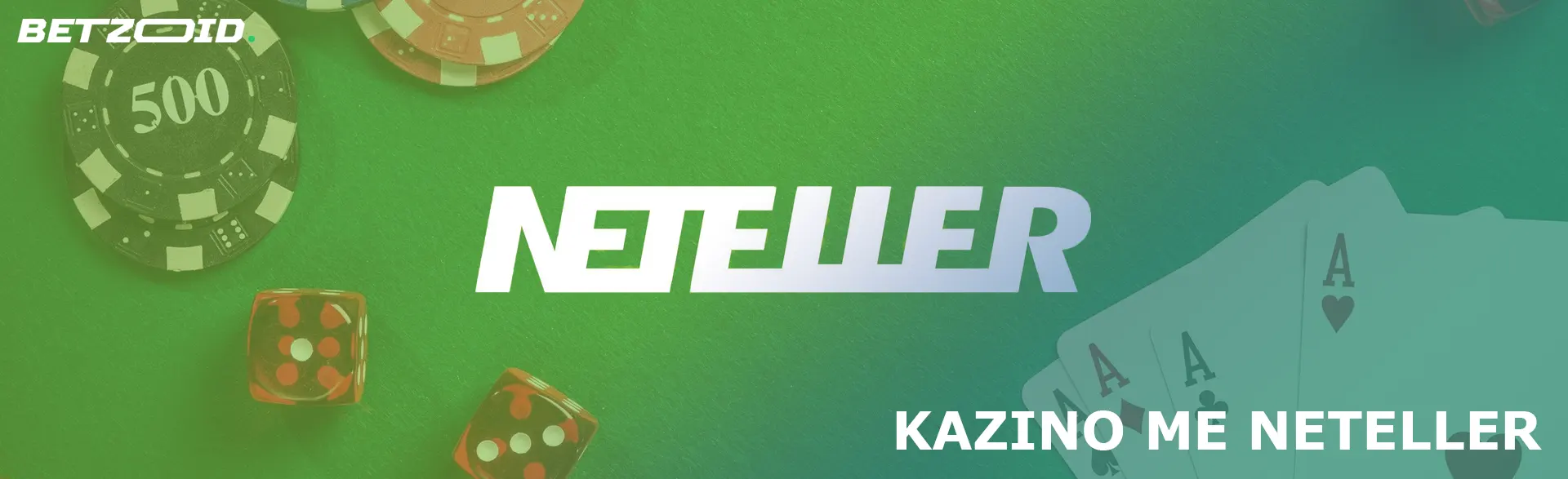 Λογότυπο Neteller σε φόντο μάρκες, κάρτες και ζάρια καζίνο.