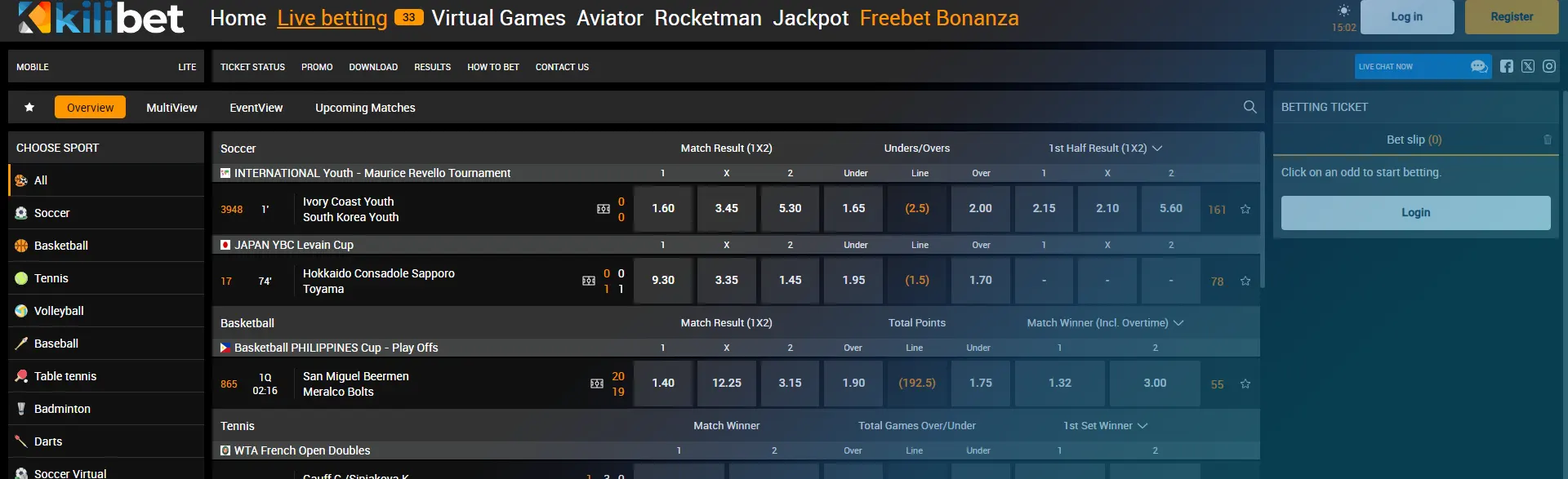 Overview of live betting on all sports on the Kilibet betting site.