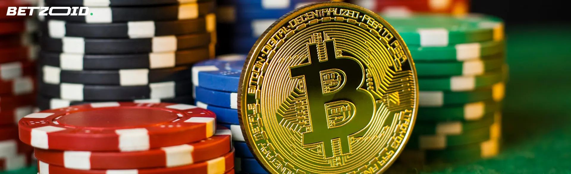 Bitcoin-Kryptowährungsmünze neben Casino-Chips.