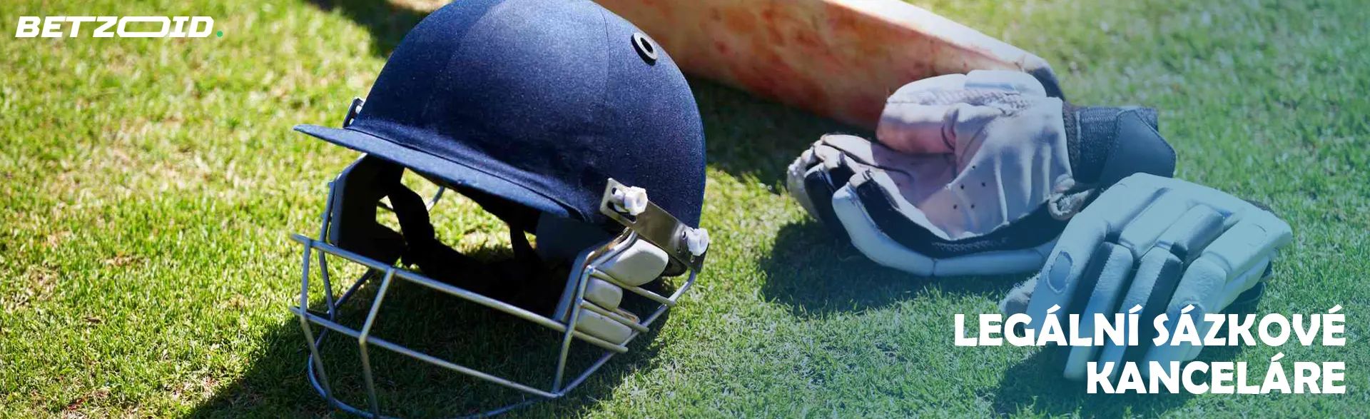 Kriketová přilba, pálka a rukavice na travnatém hřišti.