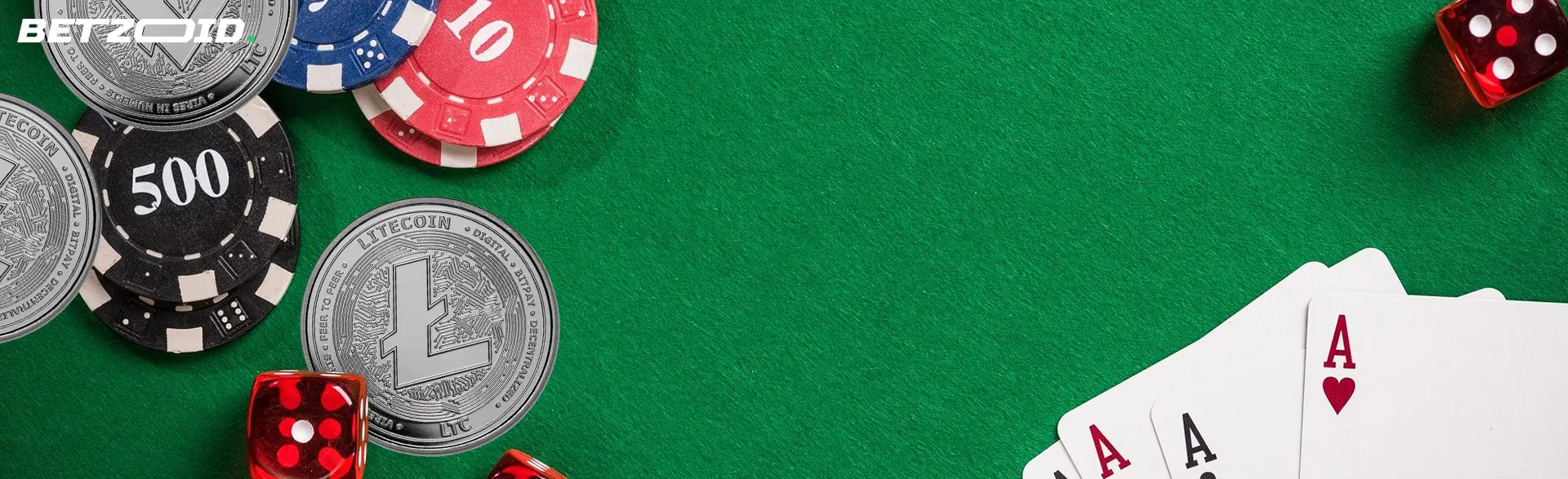 Cards, dice and casino chips next to Litecoin coins.