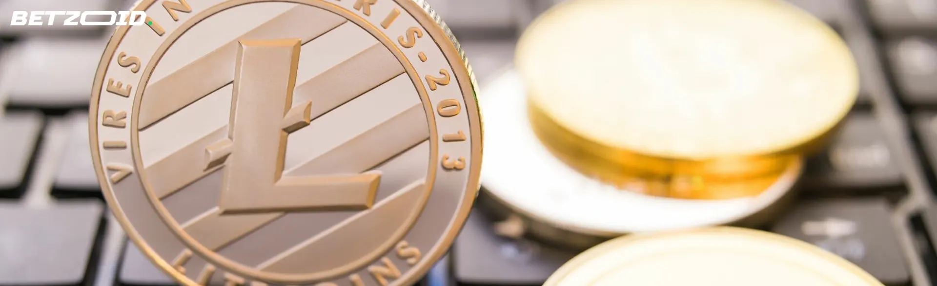 Litecoin coins on the keyboard.