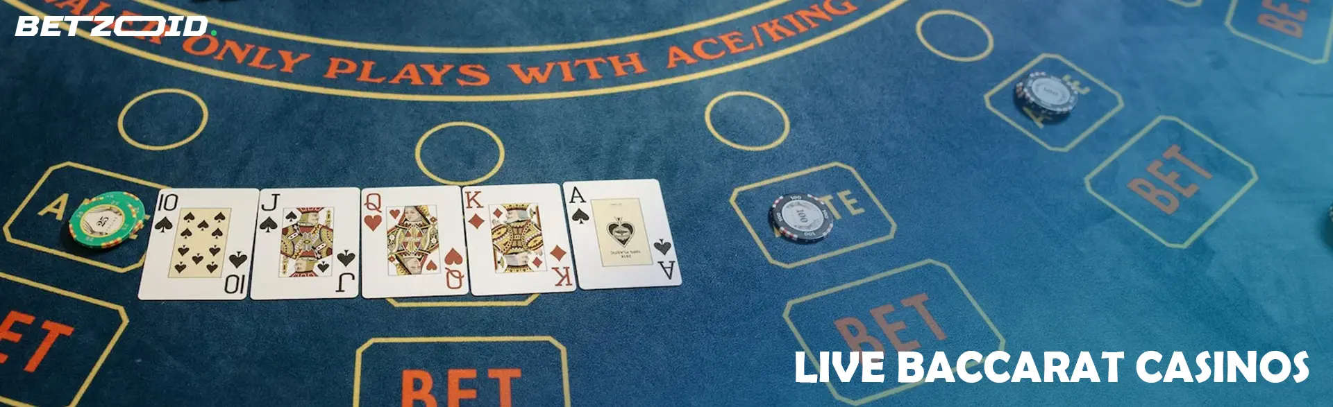 Casino table with cards and chips.