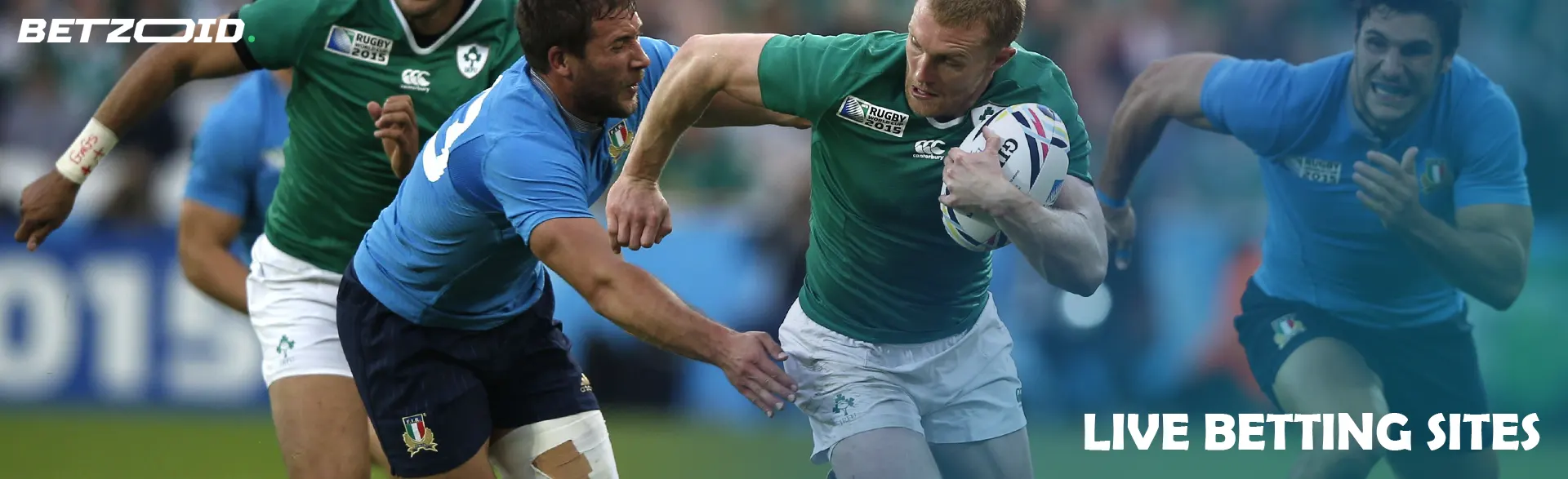 Rugby player with the ball, surrounded by opponents.