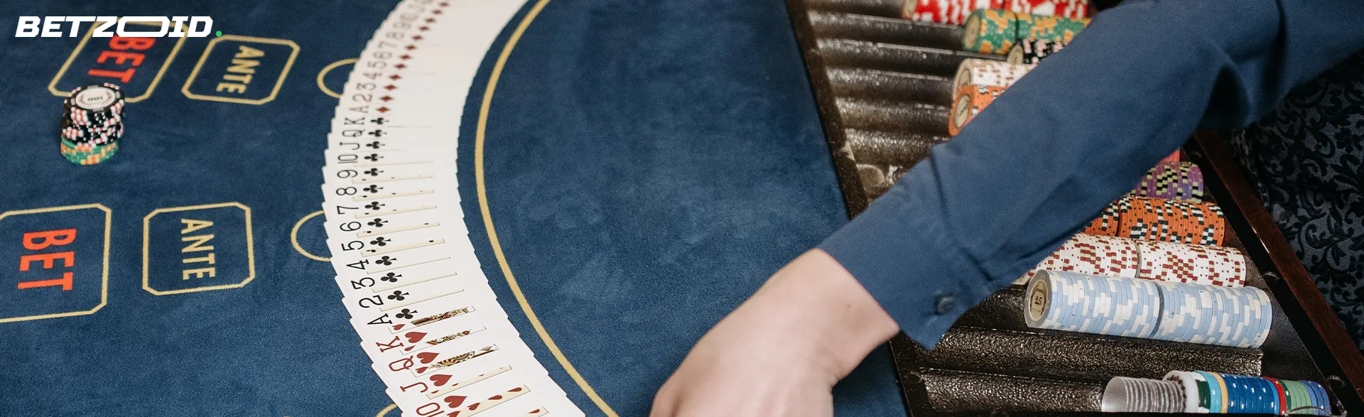 Der Spieler breitet seine Karten auf dem Casinotisch aus.