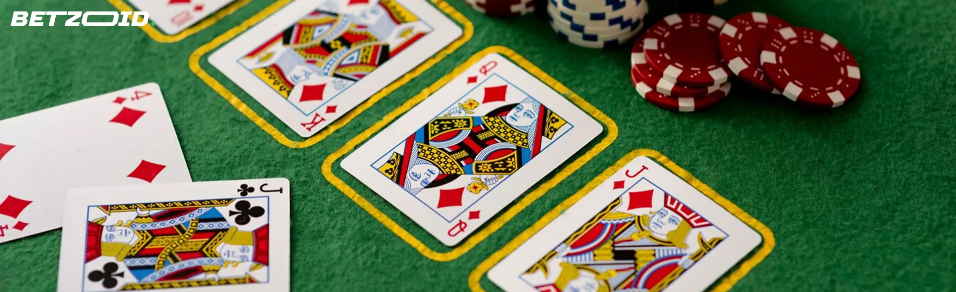 Chips and cards on the casino table.