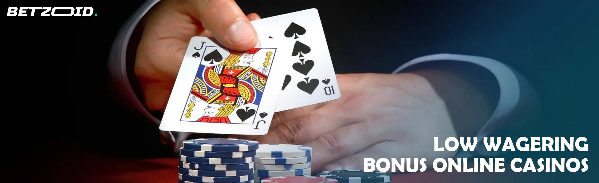 The player shows cards on the background of casino chips.