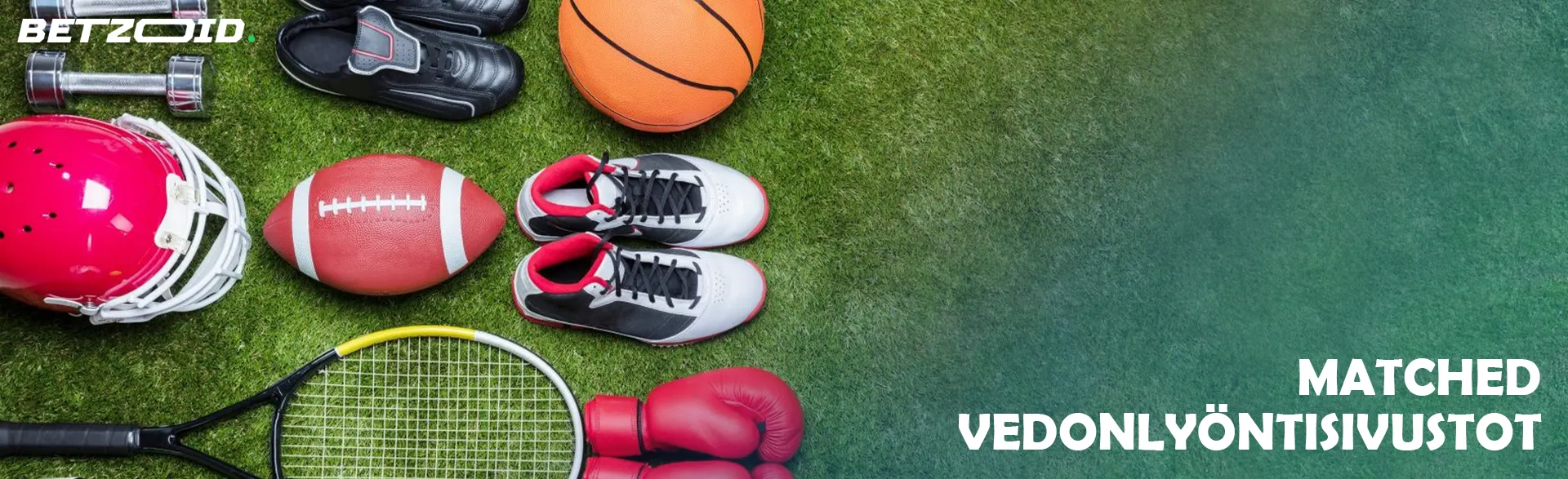 Erilaiset urheiluvälineet lepäävät nurmikolla.