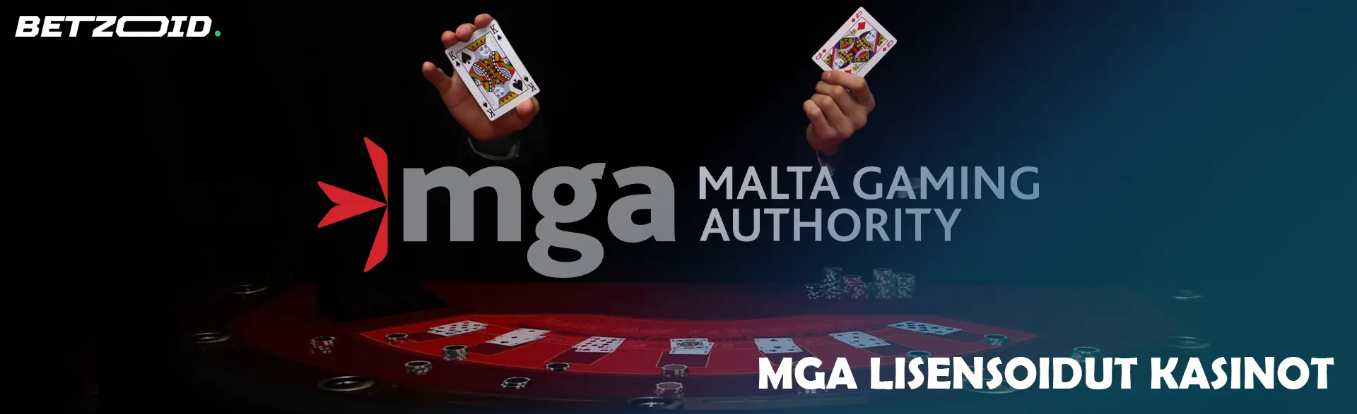 MGA-lisenssilogo kasinopöydän taustalla ja mies korteineen.
