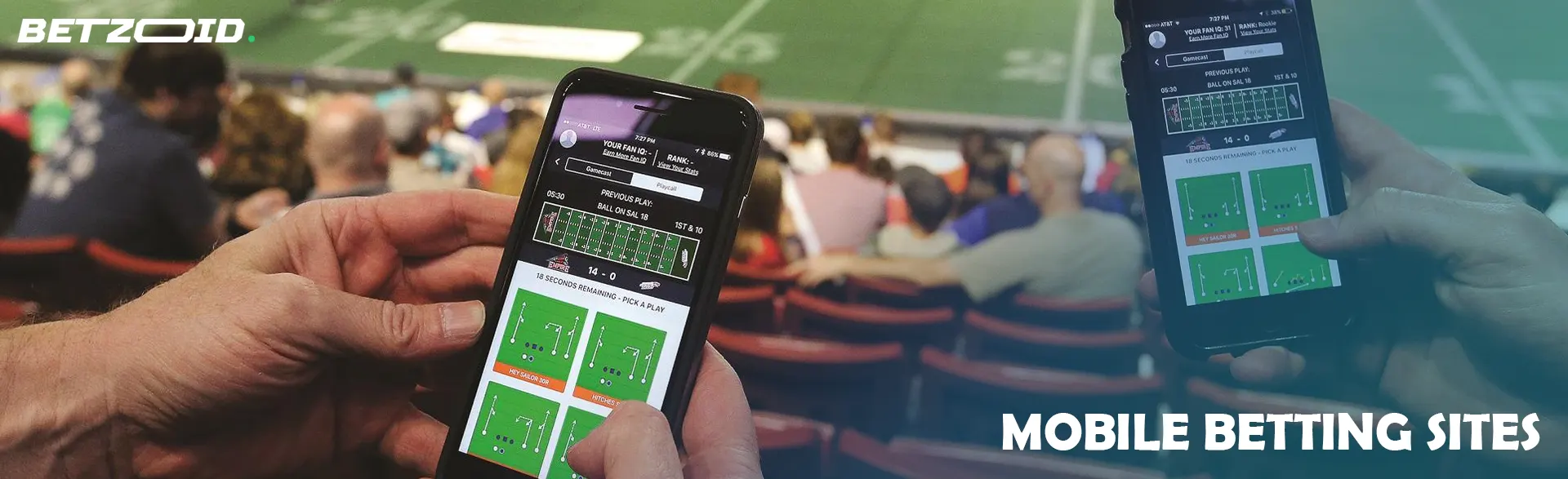 Sports betting application on smartphone screens in hands.