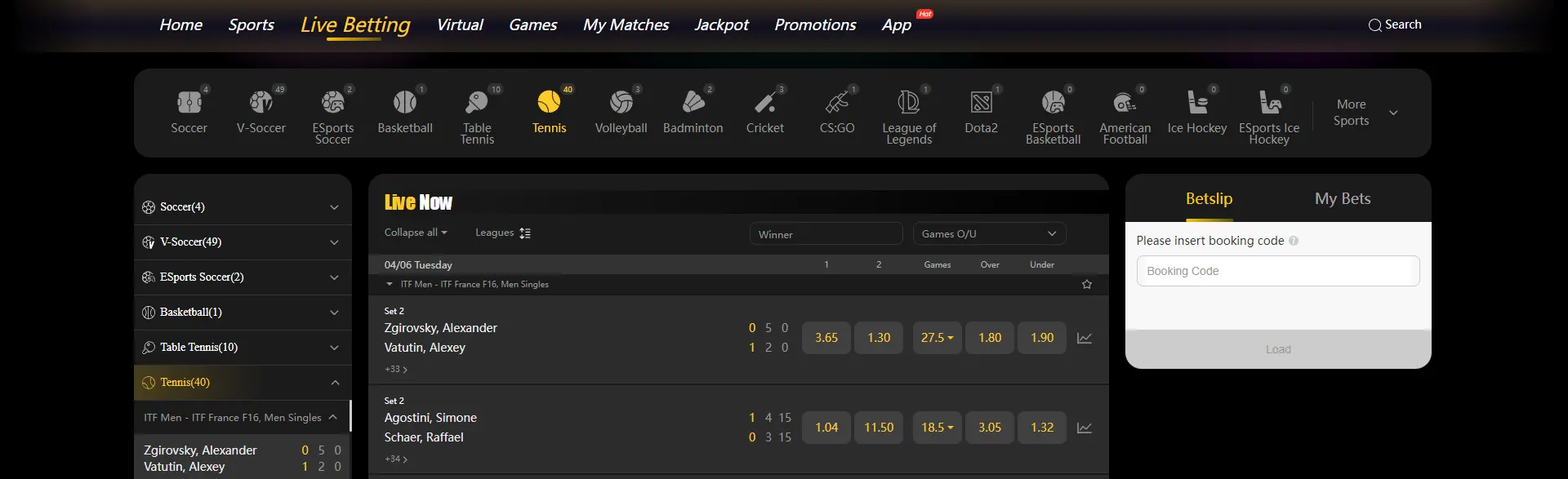 Page with tennis bet for nigerians on Msport.