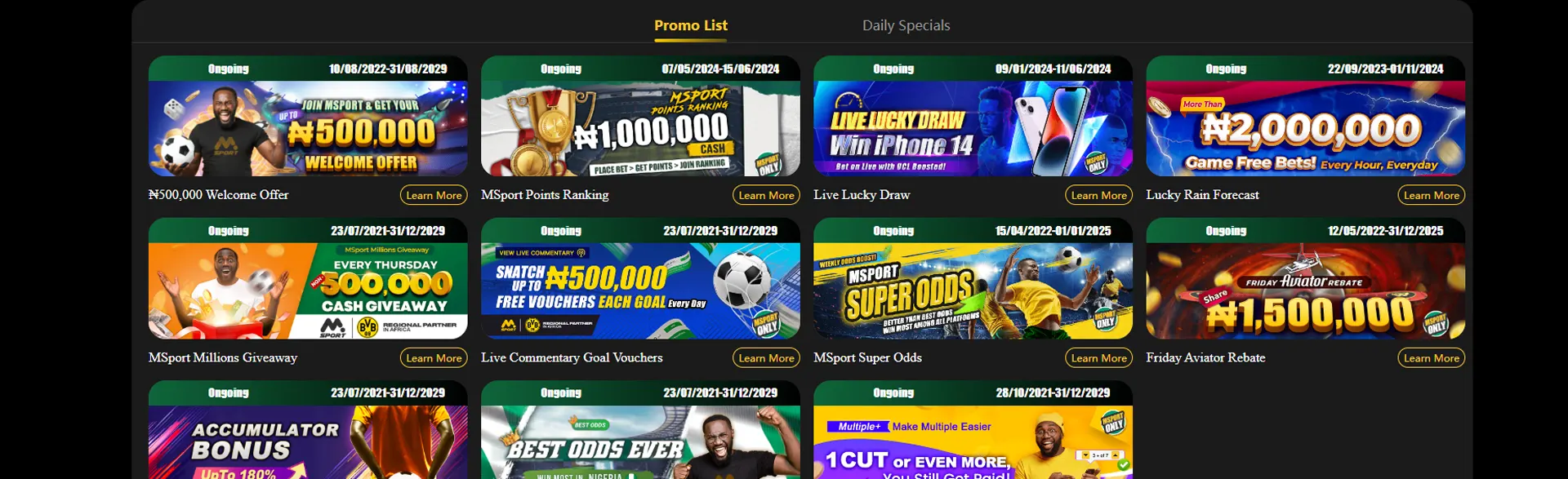 Page with promo-list of promotions on Msport.