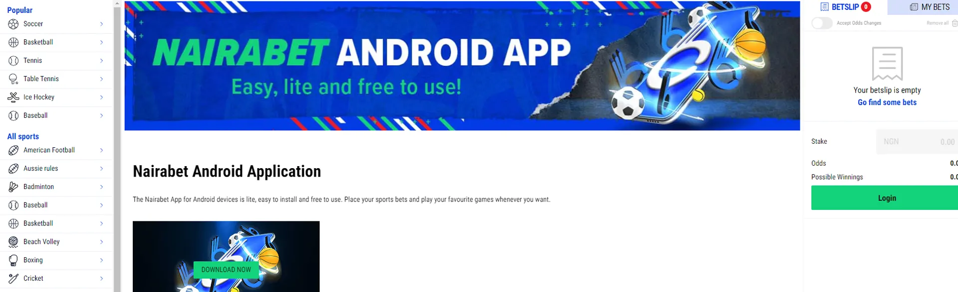 Page with mobile app for Android deviceson NairaBet.