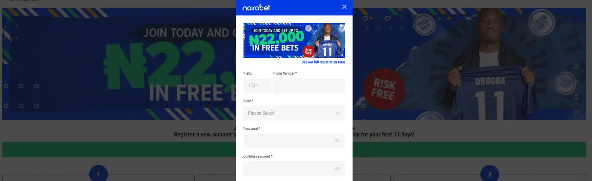 Page with registration form on NairaBet.