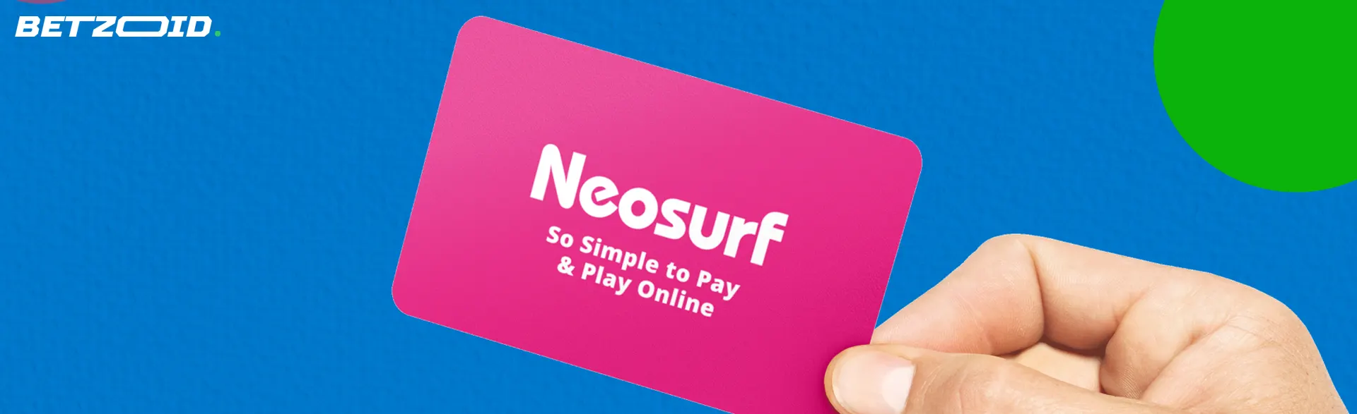A man is holding a Neosurf card on a blue background.