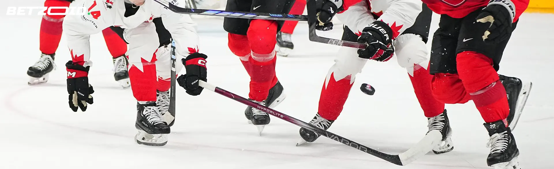 Hockeyspieler kämpfen auf dem Eis um den Puck.
