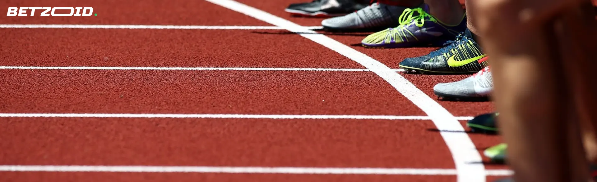 Athletes stand on the starting line.