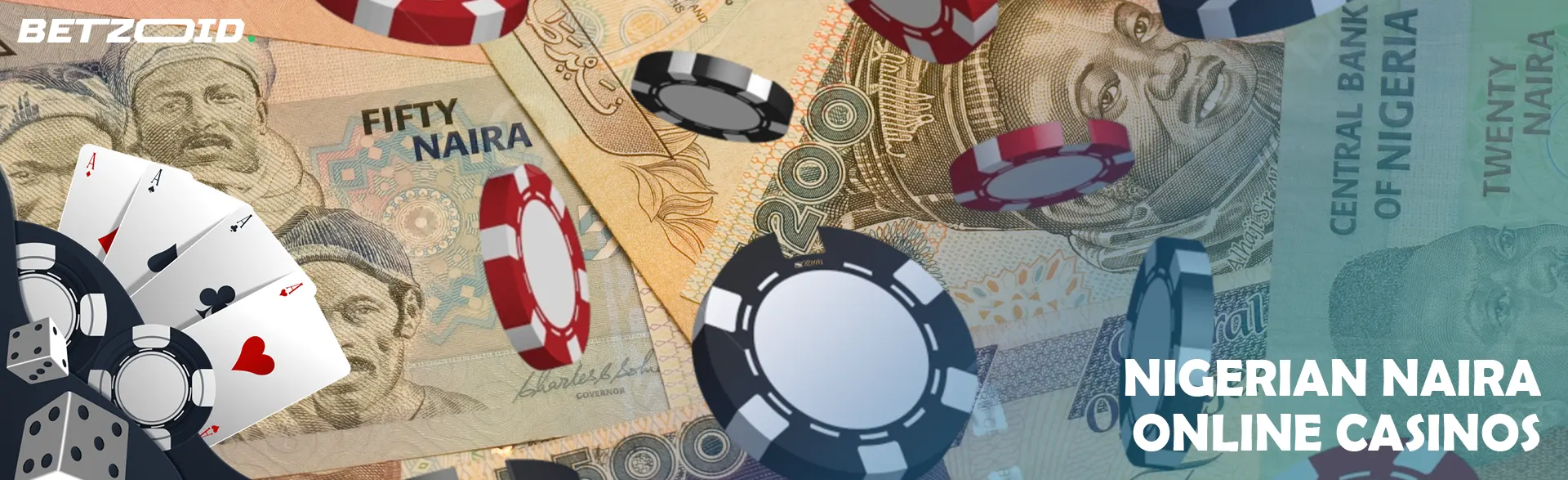 Poker cards and chips on a background of Nigerian banknotes.