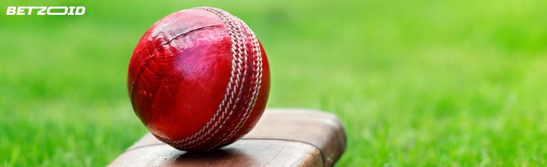 A red cricket ball lies on a racket.