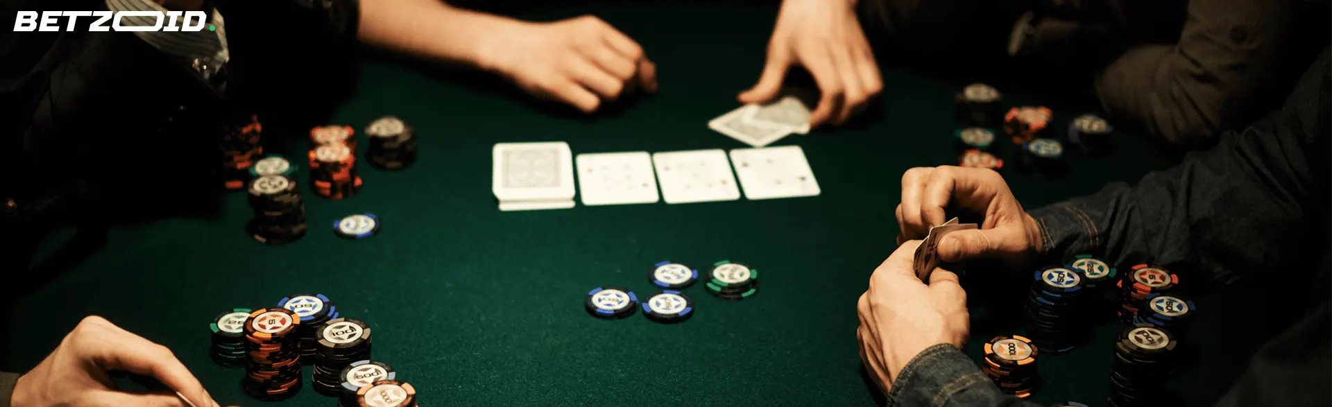 A close-up of a poker game in progress, showcasing hands dealing cards on a green felt table, chips in play, emphasizing the theme of a no deposit poker bonus in Canada.