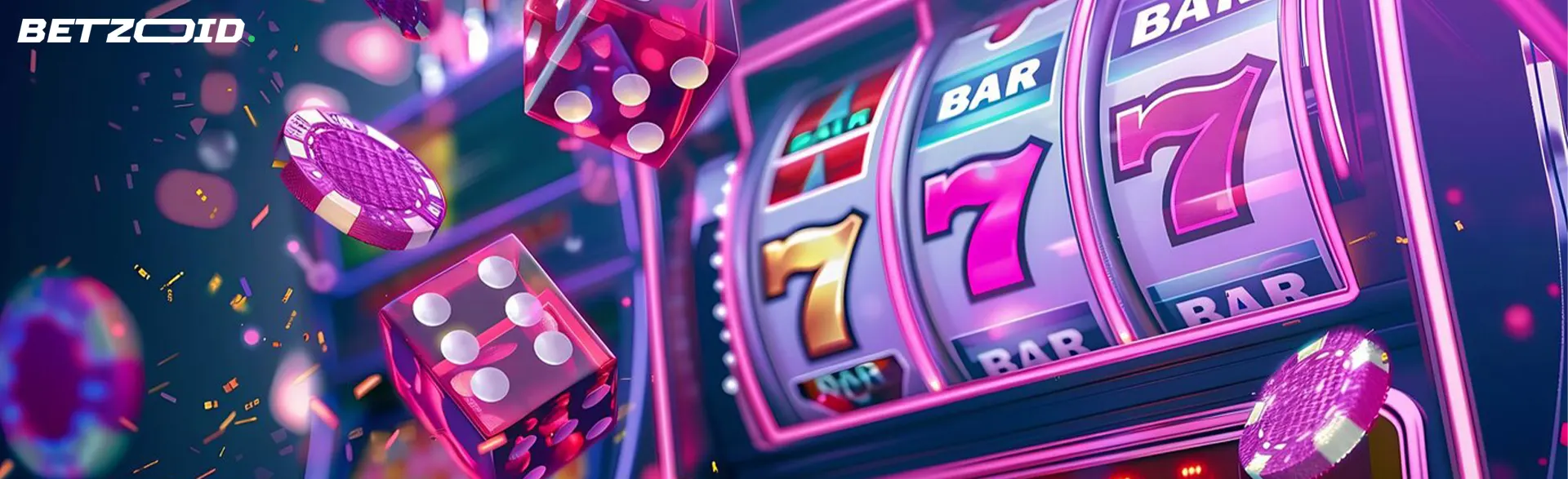 Slot machine e dadi rosa in movimento.