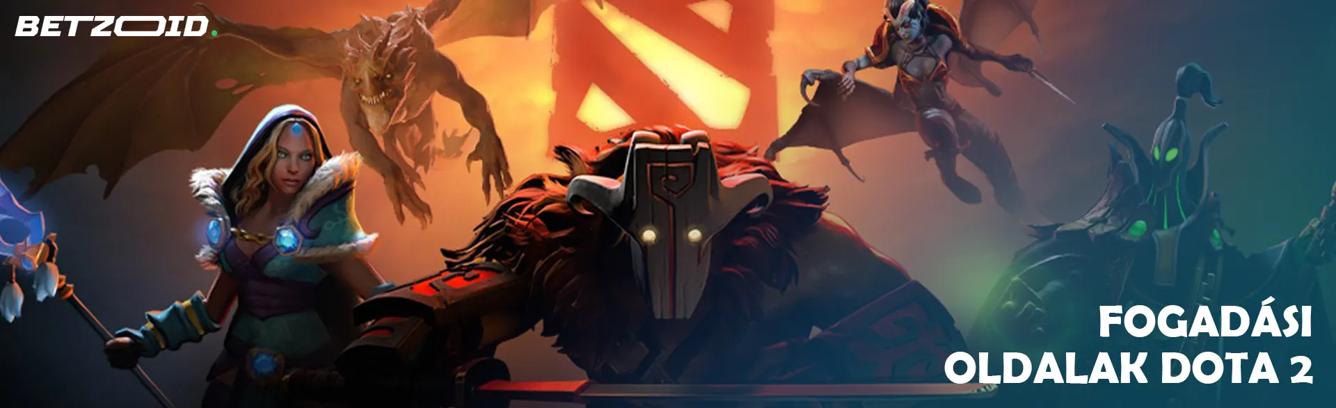 A Dota 2 játék karakterei a logó hátterében.