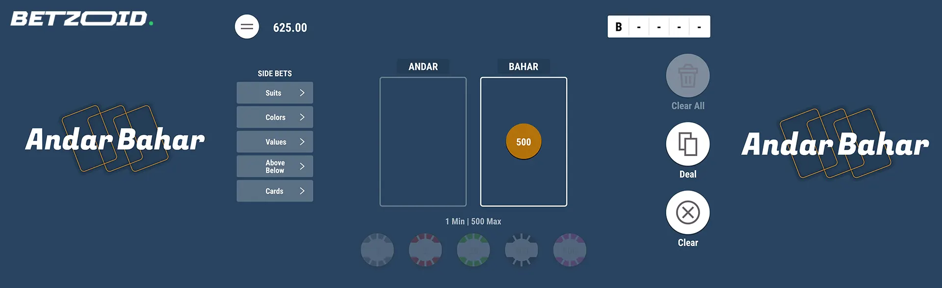 The interface of the online game Andar Bahar.