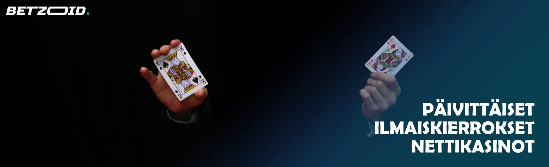 Miehellä on kaksi korttia tummalla taustalla.