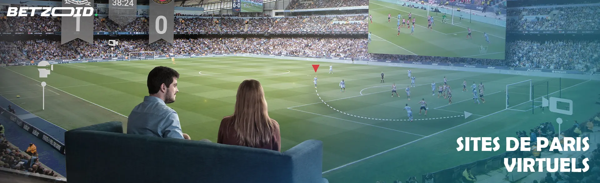 Les gens sont assis dans un stade de football avec un grand écran qui diffuse le match.