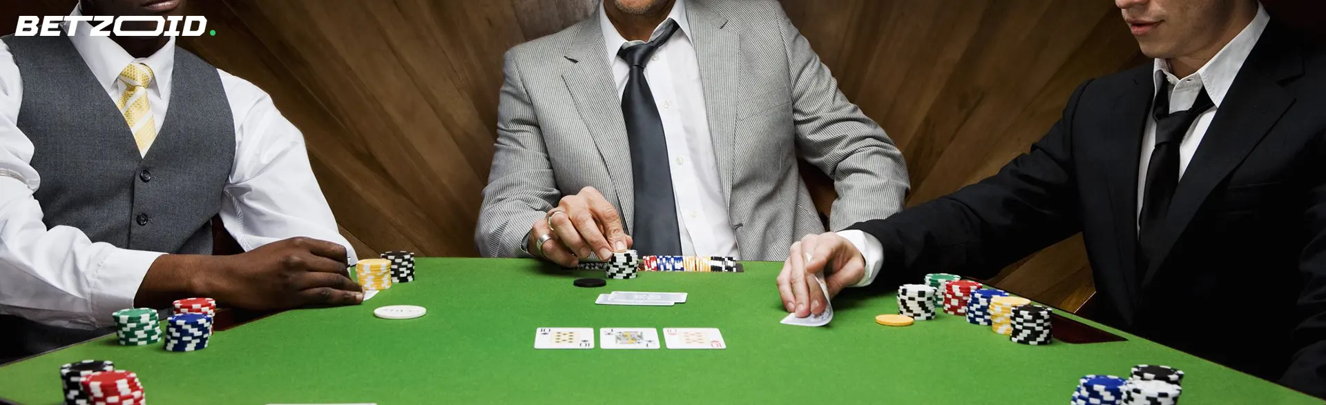 Players sit around a casino table.