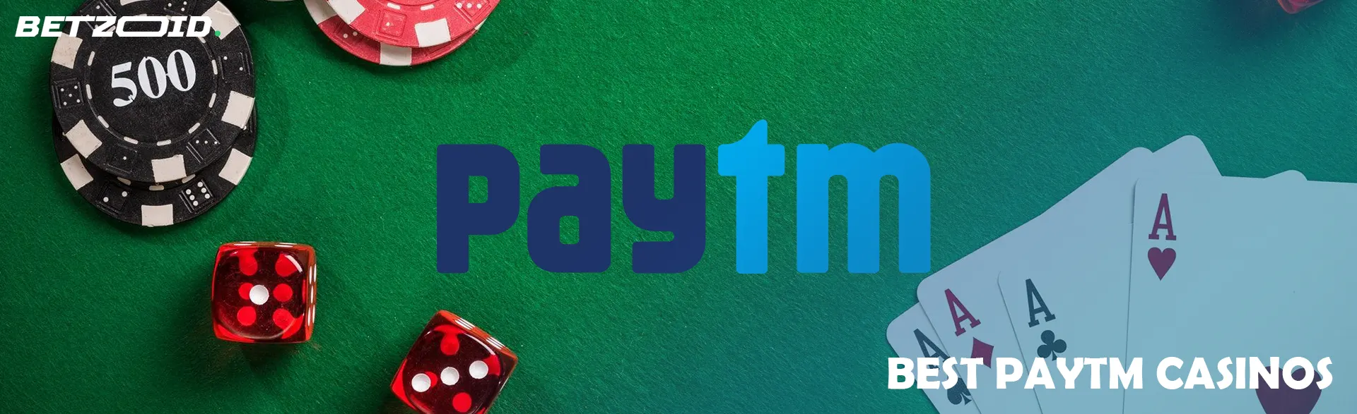 Paytm logo surrounded by casino chips, dice and cards.
