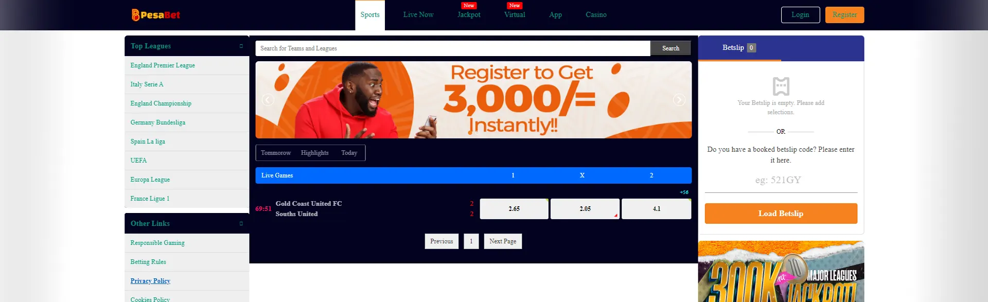 Overview of live games on the PesaBet betting site.