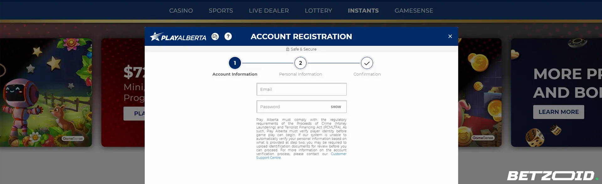 Play Alberta review of account registration.