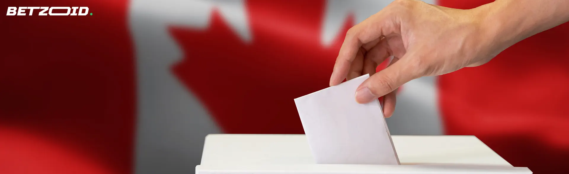 A person votes in an election against the background of the Canadian flag.