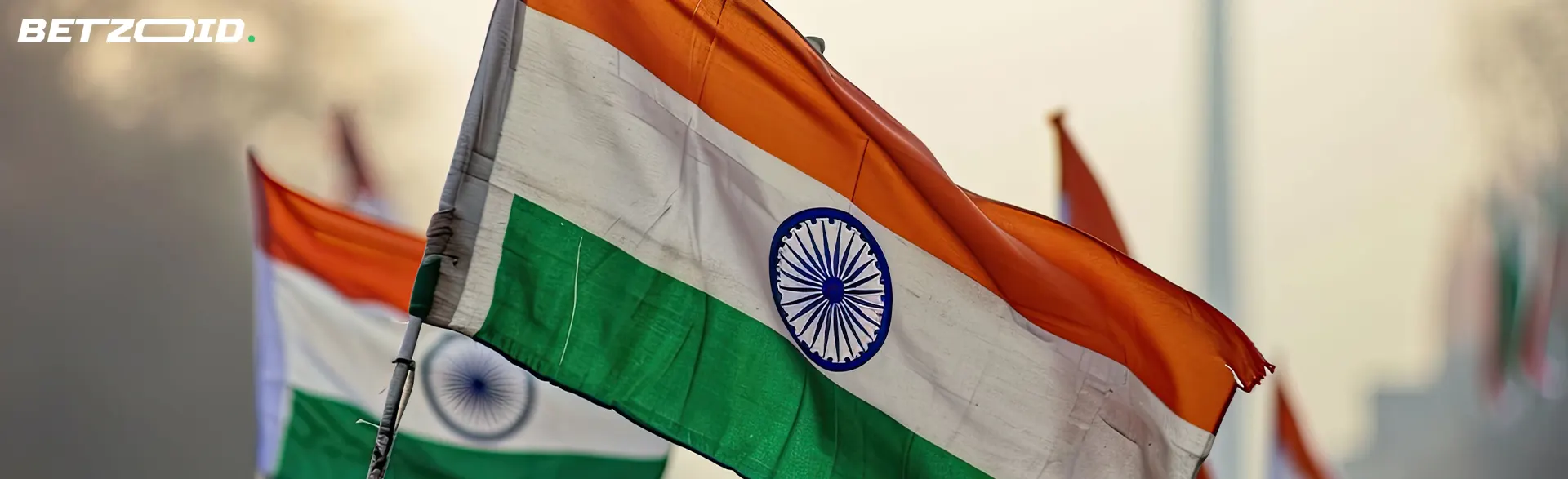 Flags of India on the background of the city.