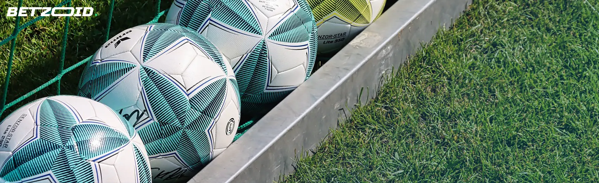 Sull'erba ci sono quattro palloni da calcio.