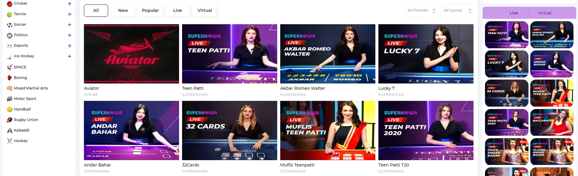 Run567 casino live games interface.