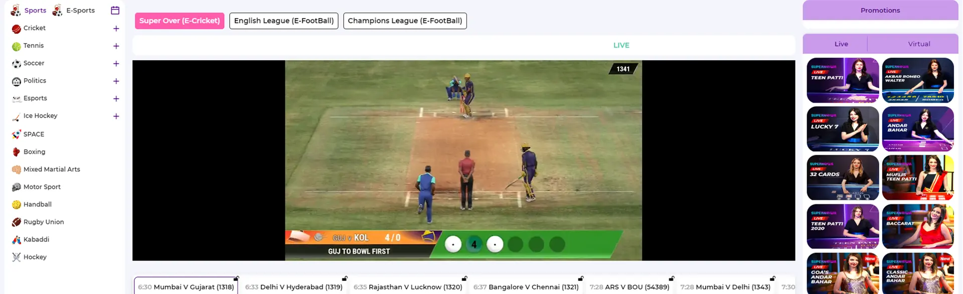 Run567 live betting interface with e-cricket match.